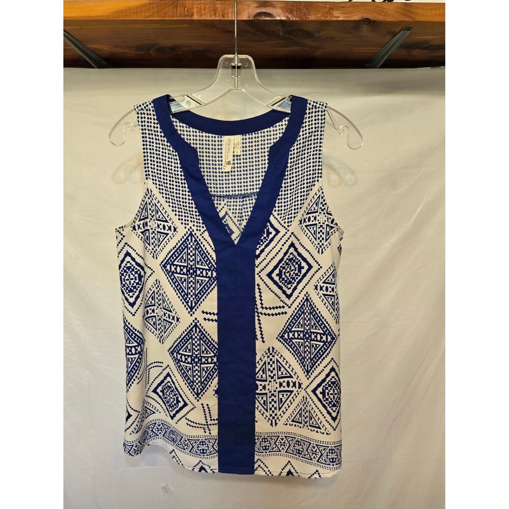 Pink Owl Blue & White Geometric V-Neck Top